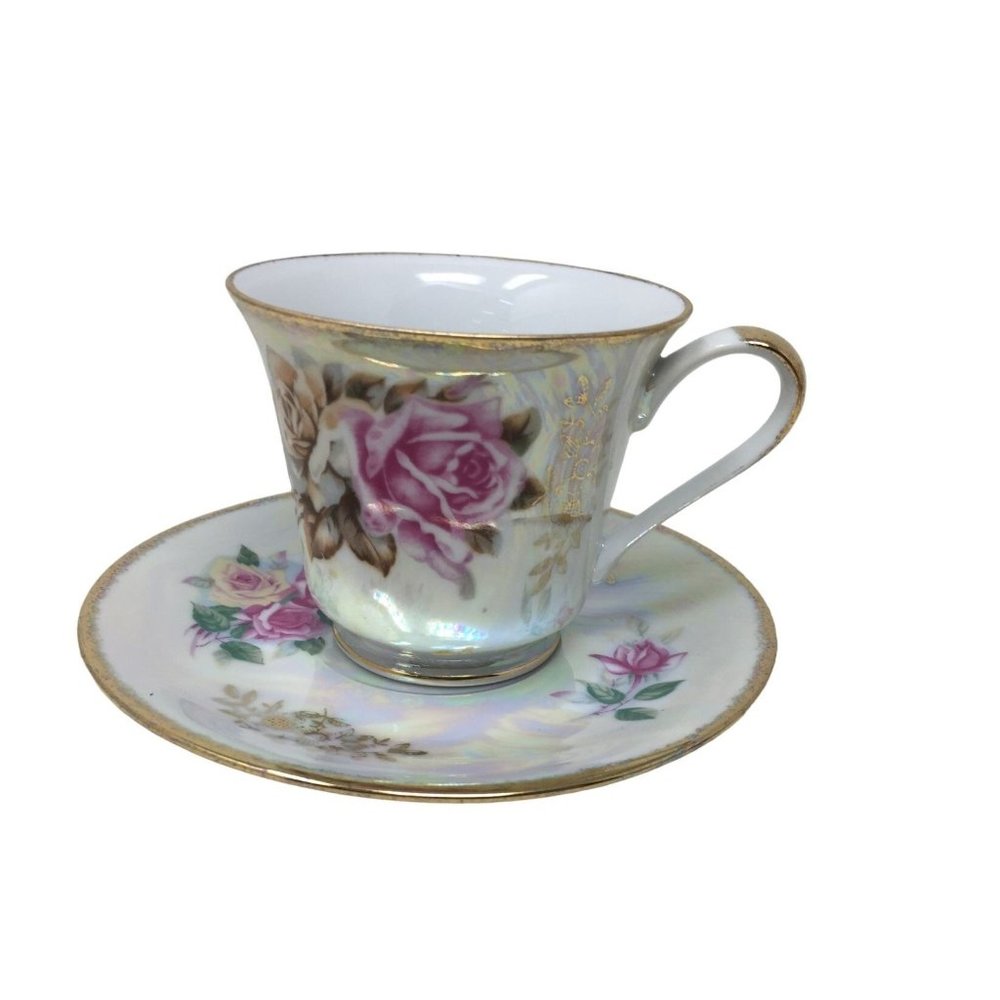 Roses Pattern Vintage Iridescent Fine China Teacup and Saucer Set